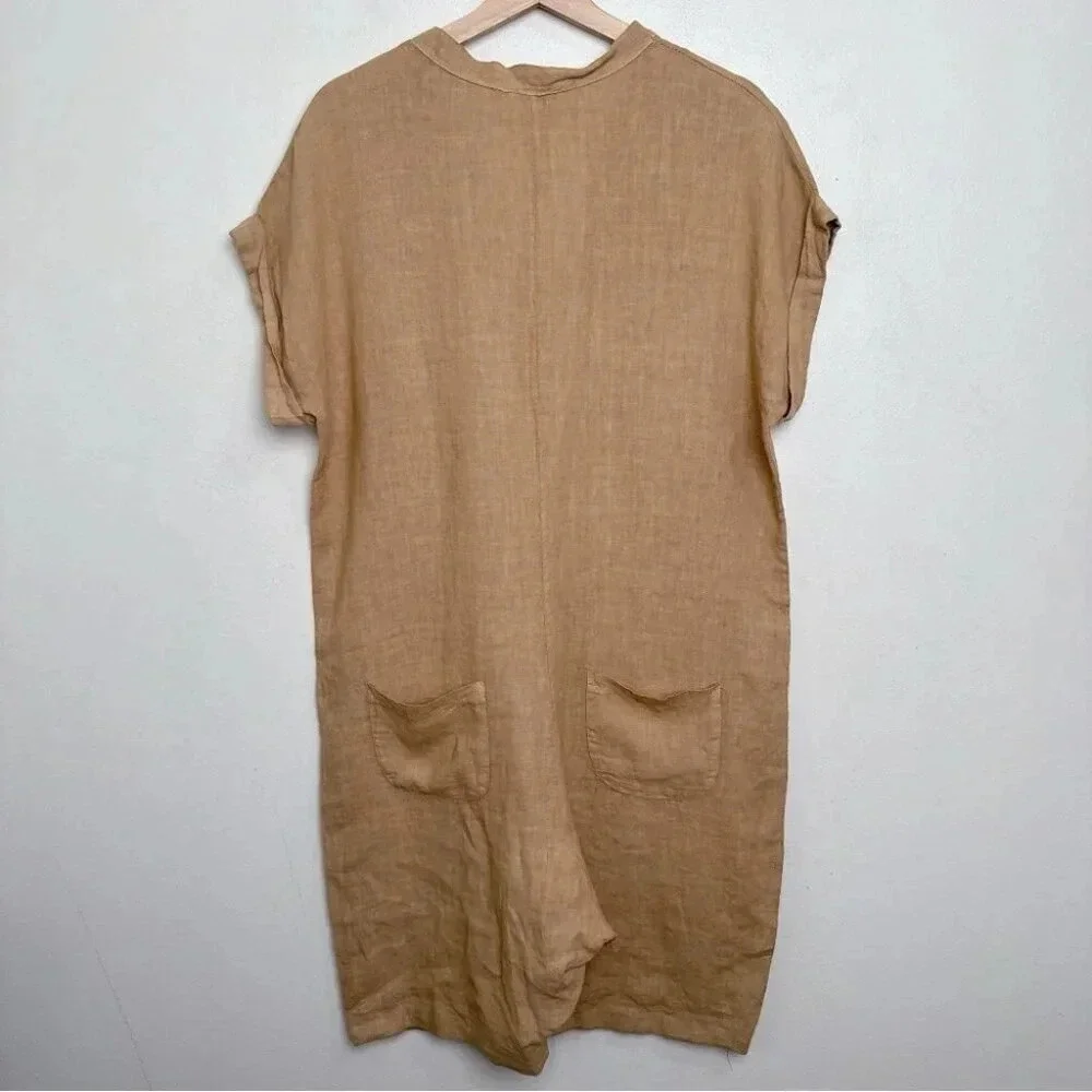 Made  In Italy Womens Medium Linen Vneck Button Tan Romper - Picture 13 of 13